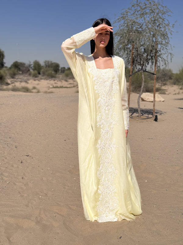 Box neck Kaftan with off-white bead lace