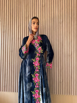 V Neck Overlap Abaya - Pink With Green Flower Lace on Front