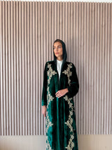 V Neck Abaya - Gold Patch Flower Lace on Front