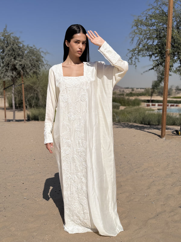 Box neck kaftan with off white pearl lace
