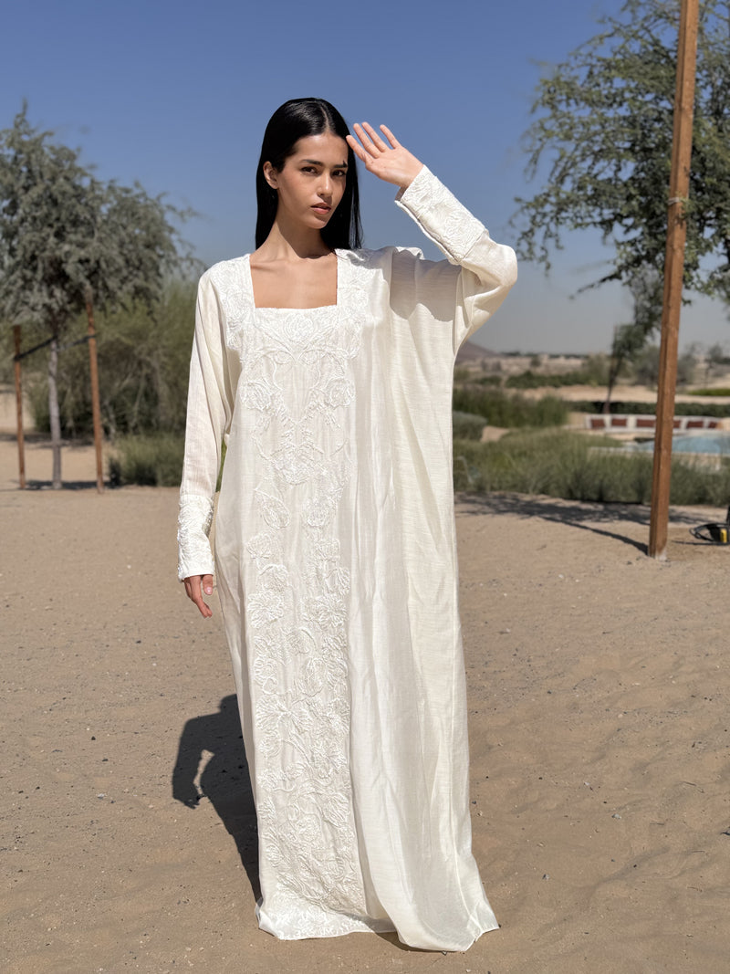 Box neck kaftan with off white pearl lace