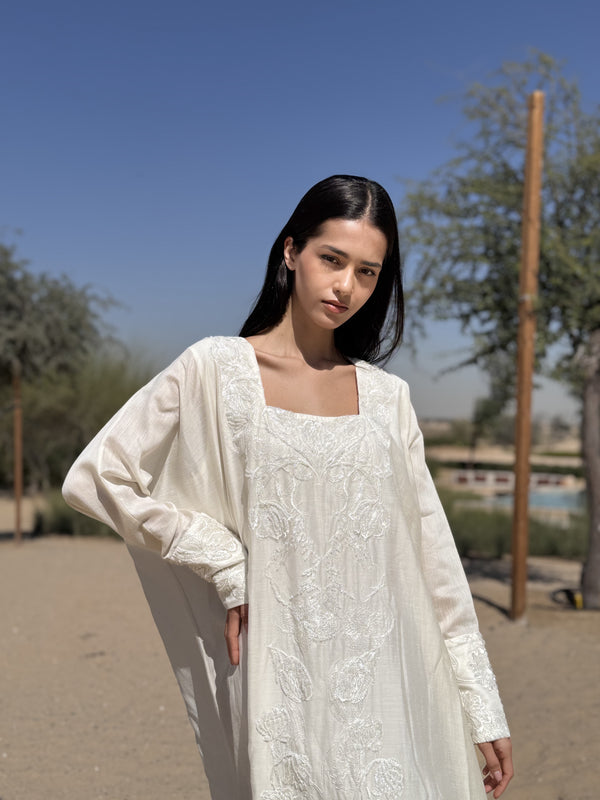 Box neck kaftan with off white pearl lace