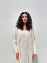 Square flower neck kaftan with off white bead lace