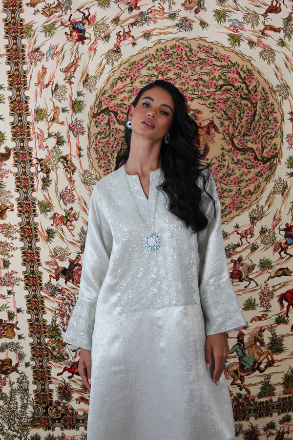 Silver V-Neck kaftan in Thick organza