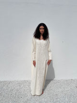 Square flower neck kaftan with off white bead lace