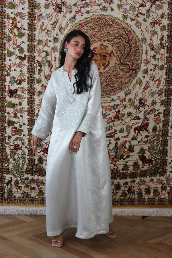 Silver V-Neck kaftan in Thick organza