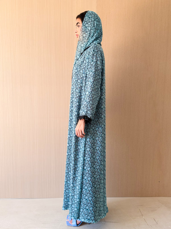 V Neck Abaya - Light Blue With Black Mixed Colour