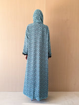 V Neck Abaya - Light Blue With Black Mixed Colour