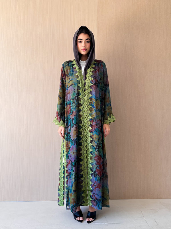 V High Neck Abaya - Green Lace on Front Sleeves and Sides