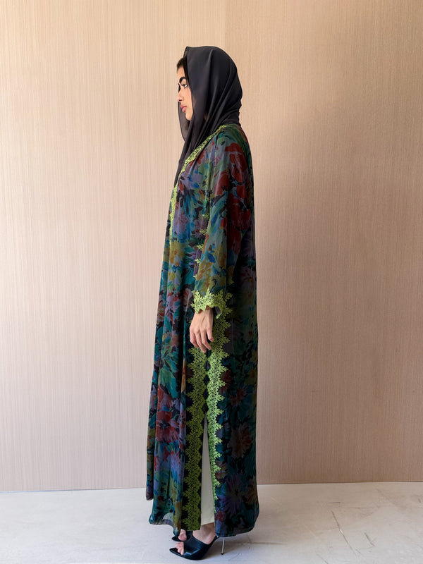 V High Neck Abaya - Green Lace on Front Sleeves and Sides