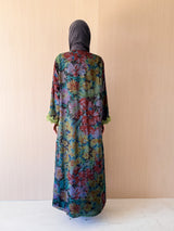 V High Neck Abaya - Green Lace on Front Sleeves and Sides