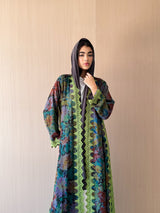 V High Neck Abaya - Green Lace on Front Sleeves and Sides