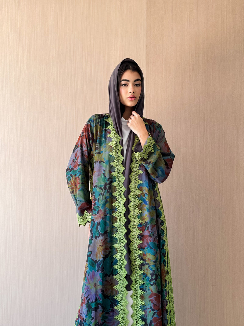 V High Neck Abaya - Green Lace on Front Sleeves and Sides