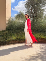 V Neck Kaftan With Off White Crystal Line Moroccan Lace