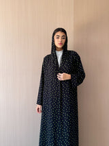 Zainah Cut Abaya - Black With Green Polka Dots - Chiffon