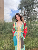 V Neck Kaftan - Gold Bead Lace and Gold Moroccan Lace