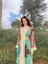 V Neck Kaftan - Gold Bead Lace and Gold Moroccan Lace