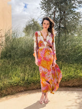 V Neck Kaftan With Silver Moroccan Lace