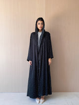 Zainah Cut Abaya - Off White Dot With Black Silk Stripe
