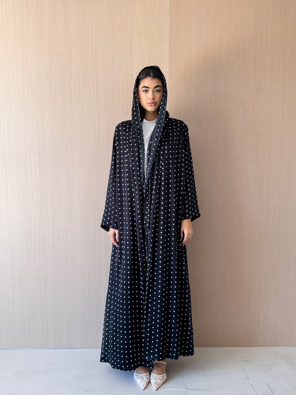 Zainah Cut Abaya - Off White Dot With Black Silk Stripe