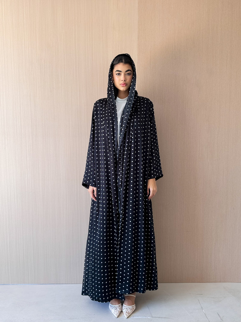 Zainah Cut Abaya - Off White Dot With Black Silk Stripe