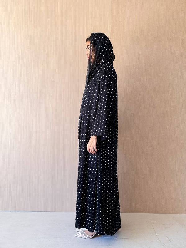 Zainah Cut Abaya - Off White Dot With Black Silk Stripe