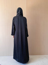 Zainah Cut Abaya - Off White Dot With Black Silk Stripe