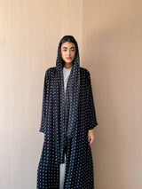 Zainah Cut Abaya - Off White Dot With Black Silk Stripe