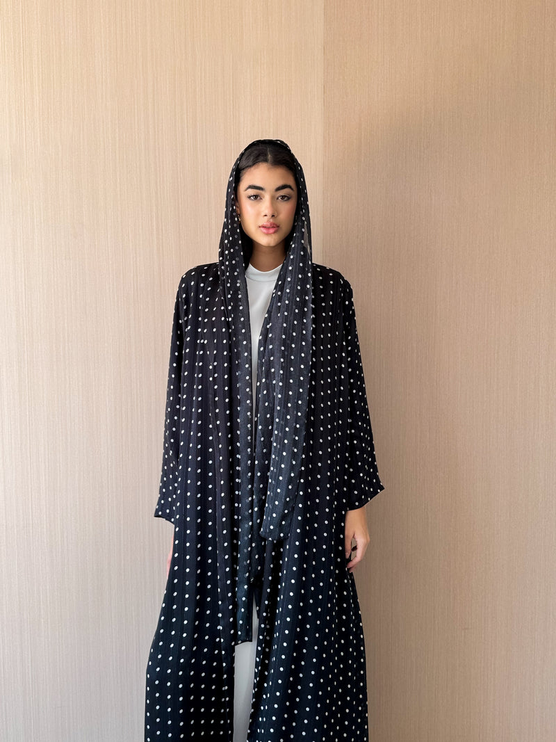 Zainah Cut Abaya - Off White Dot With Black Silk Stripe