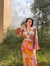 V Neck Kaftan With Silver Moroccan Lace