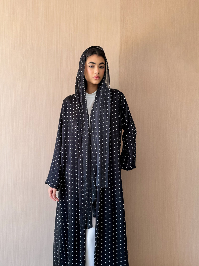 Zainah Cut Abaya - Off White Dot With Black Silk Stripe