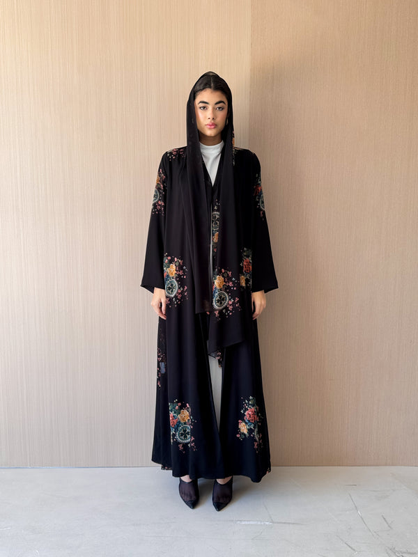 V Neck Black Abaya - Black With Green Mixed Colour