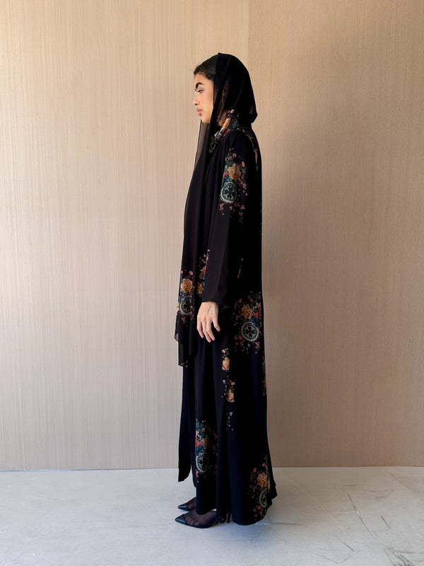 V Neck Black Abaya - Black With Green Mixed Colour