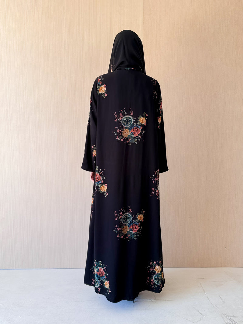 V Neck Black Abaya - Black With Green Mixed Colour