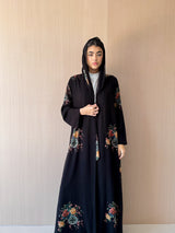 V Neck Black Abaya - Black With Green Mixed Colour