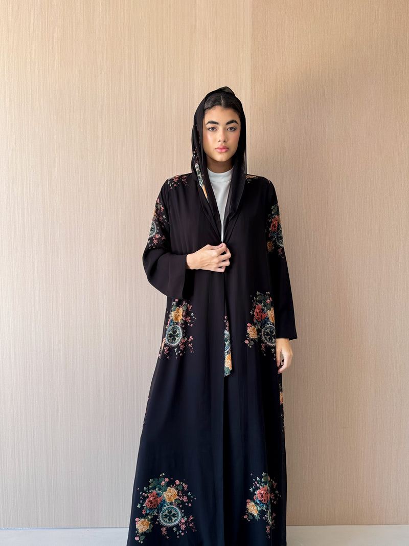 V Neck Black Abaya - Black With Green Mixed Colour