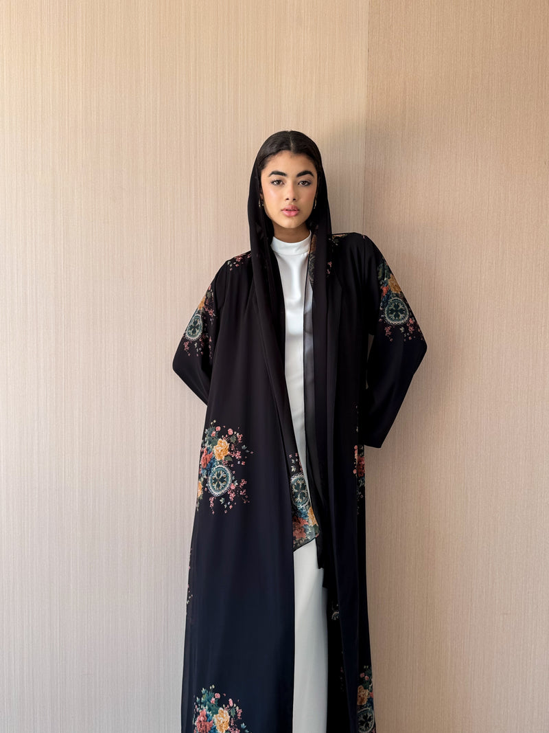 V Neck Black Abaya - Black With Green Mixed Colour