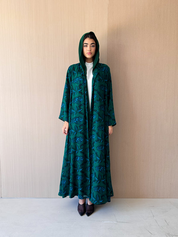 Zainah Cut Abaya - Green With Light Blue Leaf Printed