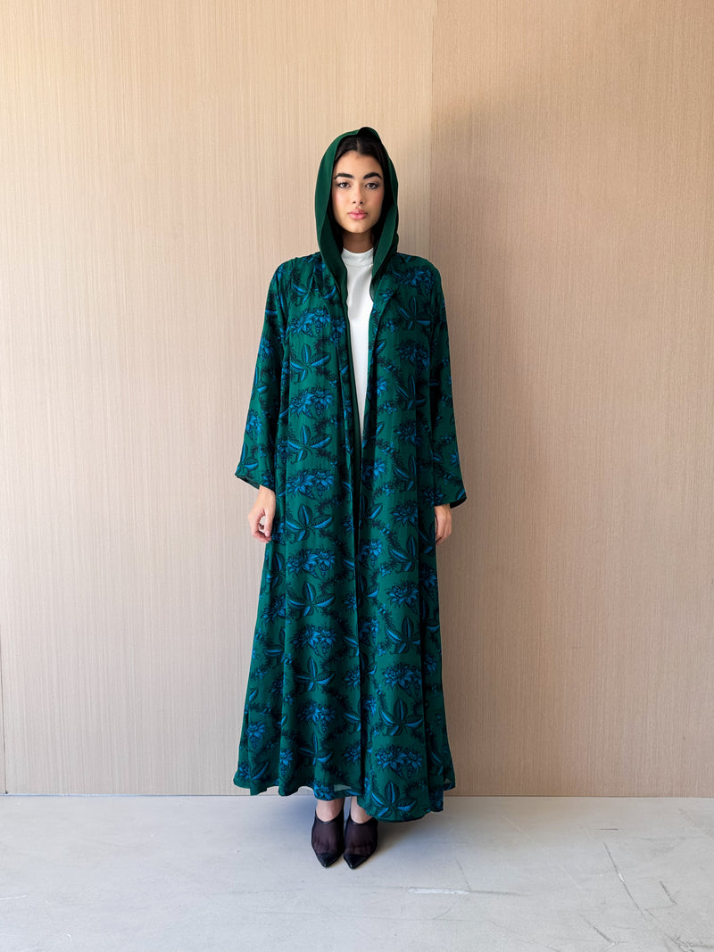 Zainah Cut Abaya - Green With Light Blue Leaf Printed