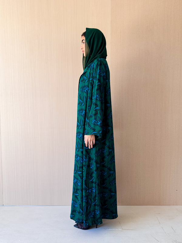Zainah Cut Abaya - Green With Light Blue Leaf Printed