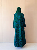 Zainah Cut Abaya - Green With Light Blue Leaf Printed