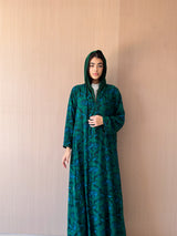 Zainah Cut Abaya - Green With Light Blue Leaf Printed