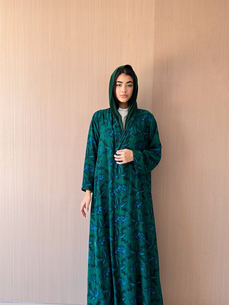 Zainah Cut Abaya - Green With Light Blue Leaf Printed