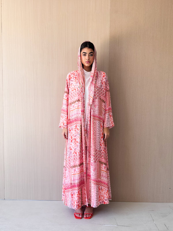 Zainah Cut Abaya - Pink With Red Printed - Chiffon