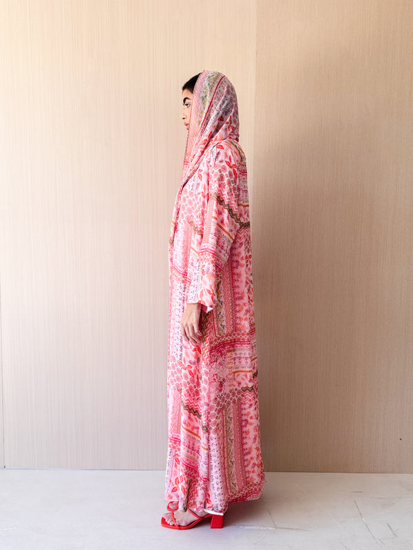 Zainah Cut Abaya - Pink With Red Printed - Chiffon