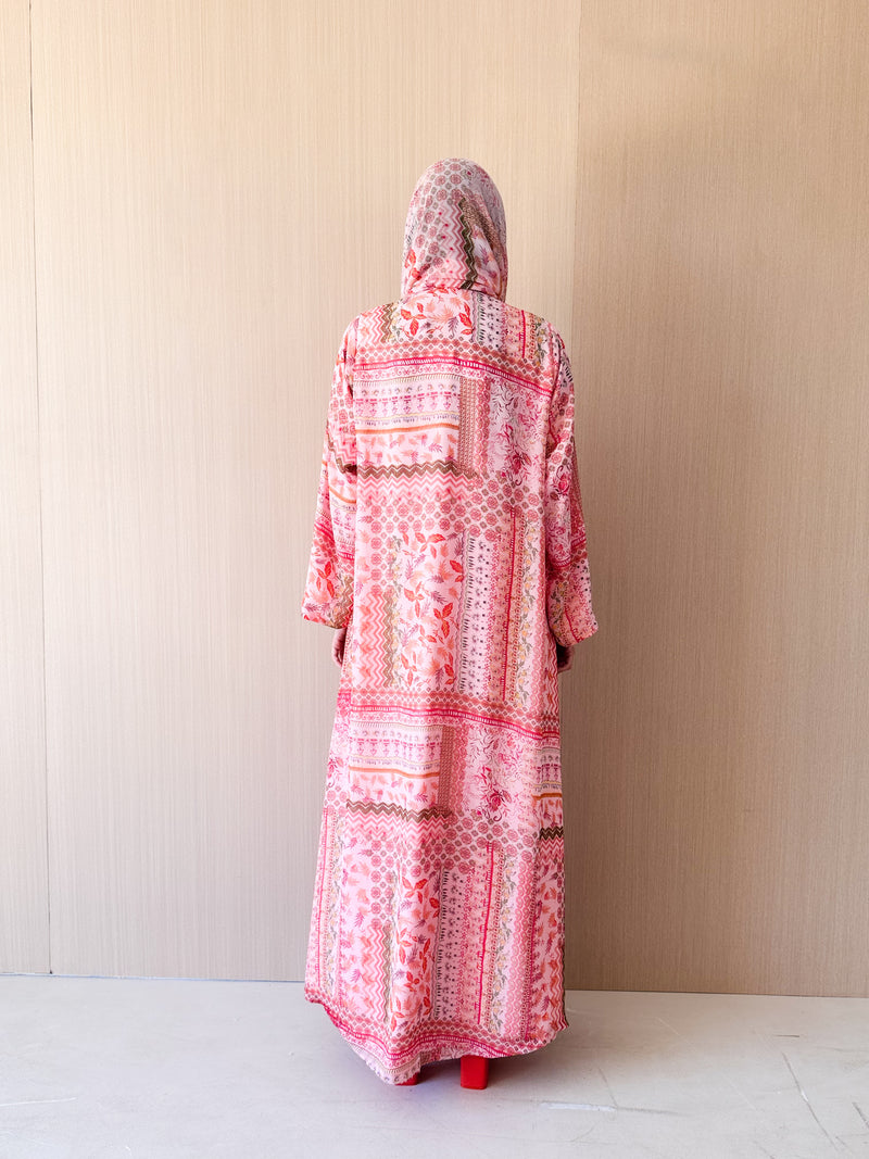 Zainah Cut Abaya - Pink With Red Printed - Chiffon
