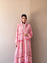 Zainah Cut Abaya - Pink With Red Printed - Chiffon