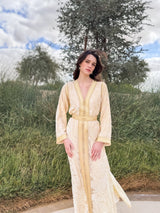 V Neck Kaftan With Cream Moroccan Lace