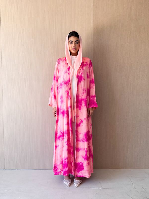 Zainah Cut Abaya - Pink With Peach Mixed Colour Print