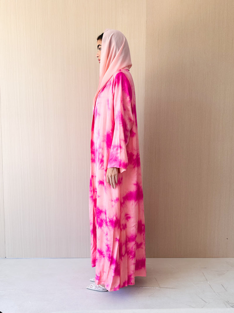 Zainah Cut Abaya - Pink With Peach Mixed Colour Print